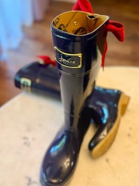 Joules Navy Gloss Wellington Boots with Red Bow Women’s 10 Rare Cuteeeeee